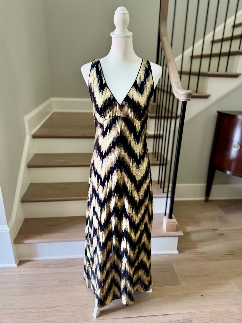 Banana Republic V-Neck Chevron Maxi Dress in Black and Gold